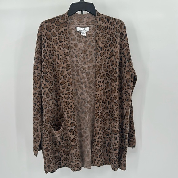Magaschoni Brown Leopard Print Cashmere Open Front Cardigan Size Large - Picture 1 of 10